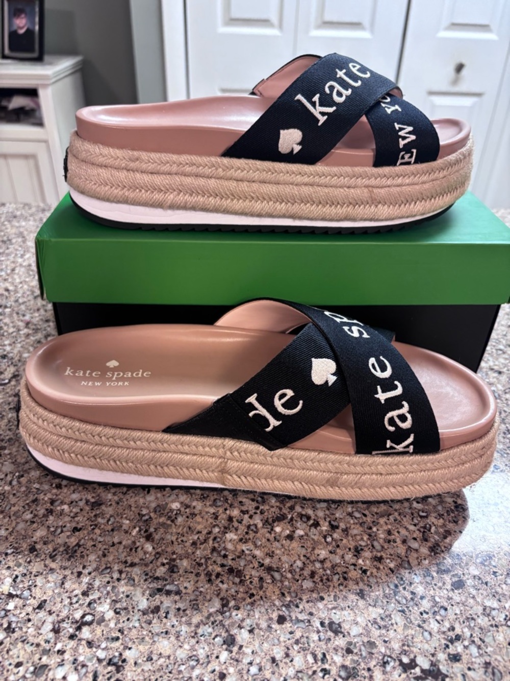 kate spade Blush Pink Platform Slide Sandals with Black Logo Cross Straps - Picture 3 of 6